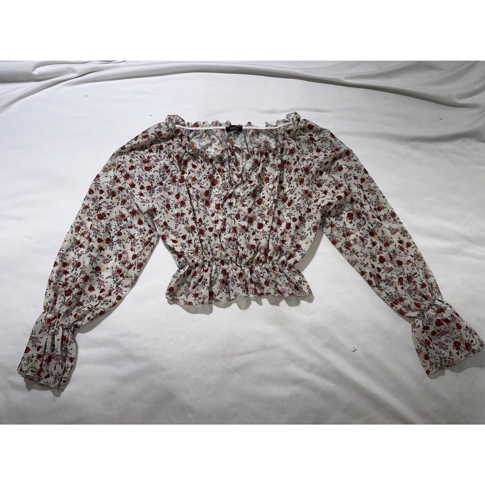 Boohoo Floral Smocked Crop Blouse Red Rose Metallic Off Shoulder Peasant Top 14